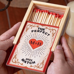 Wood Match Box,Personalized Large Couple Matchbox, The Perfect Match Wedding Anniversary Gifts for Couples,Custom Name & Date Matchbook Art.