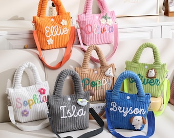 Personalized Toddler First Purse, Custom Name Corduroy Handbag with Animal or Flower, Small Kids Tote for Preschool