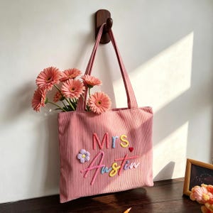 Custom Name Corduroy Tote Bag for Women, Teacher Appreciation Gift, Graduation Gift for Teacher, Multi-Color Custom Script Tote