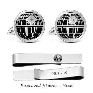 Engraved Star War Cufflinks Custom Personalized Engraved cuff links Engraved own logo or phrase cufflinks engrave cufflinks tie clip set