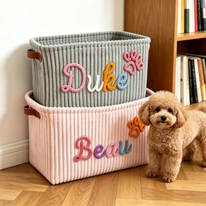 Dog Toy Basket with Custom Name, Personalized Pet Organizer, Corduroy Bin, Perfect Gift for Dog Lovers