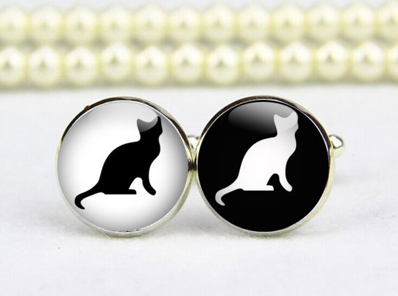 custom wedding cufflinks black cat personalized cufflinks cat cufflink photo groom cufflink custom any text black and white cufflinks