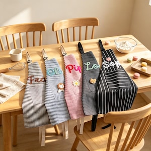 May include: Five striped aprons with adjustable neck straps and front pockets, each featuring a unique embroidered name and a small decorative applique. The aprons are displayed in a row, showcasing various colours including grey, blue, red, and black.