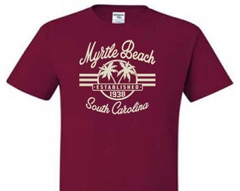 T-Shirt MYRTLE BEACH BEAUTIFUL South Carolina Ivory or Charcoal Black Raised Flock Print Two Palm Trees Tee