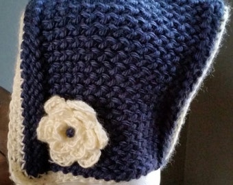 Dark Blue Knit Pixie Hat with Flower