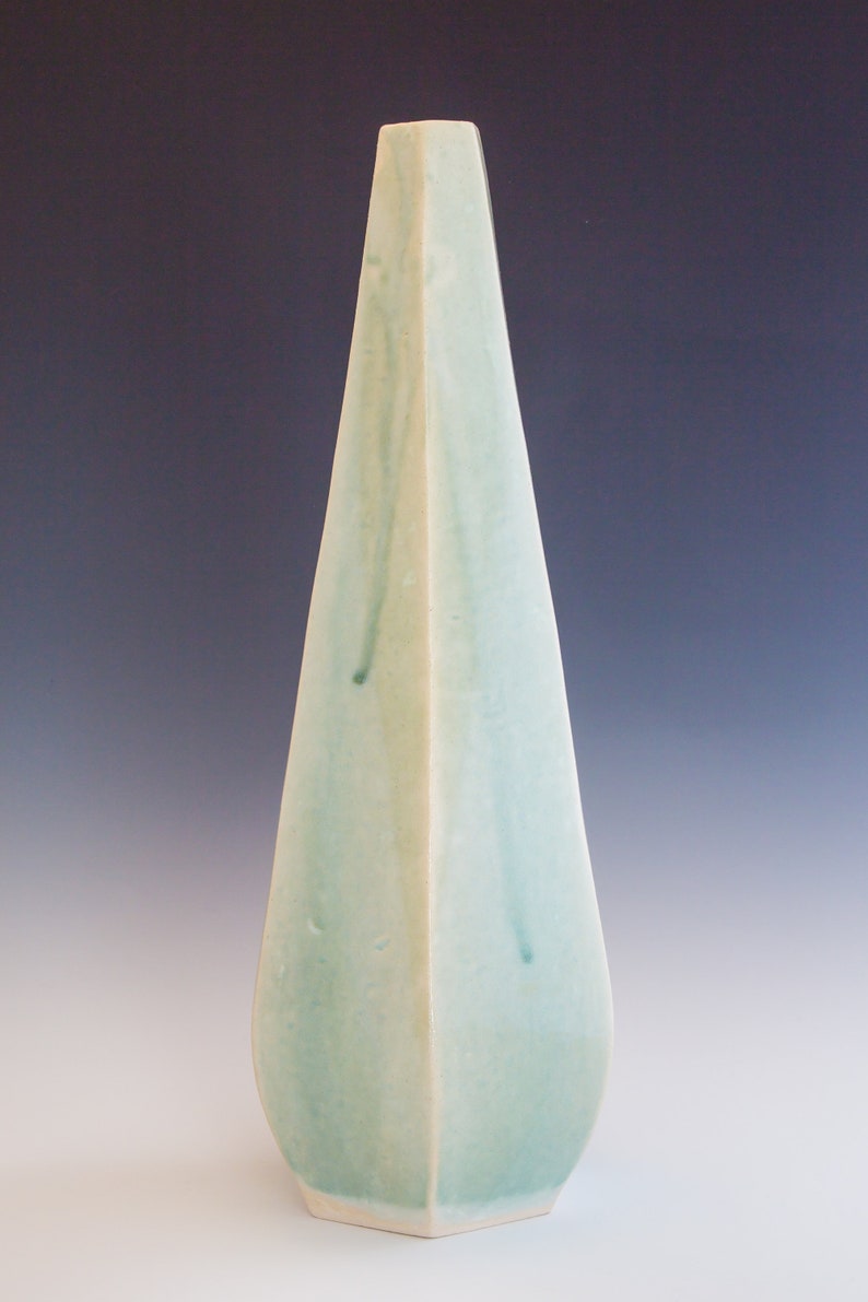 Tall, light mint green hexagon vase. Ceramics and pottery, pottery vase, ceramics, pottery, vase. image 2