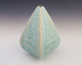 Bubbles! Four sided light blue teardrop vase with bubble texture. Pottery and ceramics, pottery vase, ceramics, pottery.