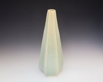 Tall, light mint green hexagon vase. Ceramics and pottery, pottery vase, ceramics, pottery, vase.