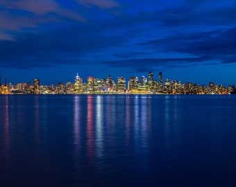 Vancouver, B.C. skyline at night. Printable Wall Art, Digital Download, Fine Art Photography.