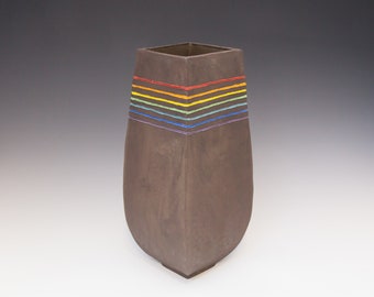 Rough Rainbow. Tall, four sided vase with rainbow stripes. Ceramics and pottery, pottery vase, ceramics, pottery, vase.