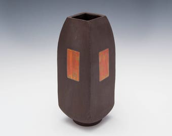 Four Sided Brown Vase with Orange and Yellow Rectangles. Ceramics and Pottery, ceramic vase, pottery vase.