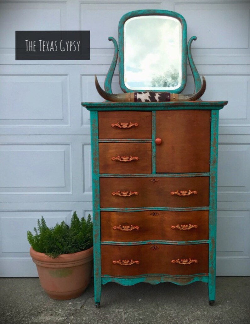 Boho Dresser W Mirror Rustic Patina Tall Dresser Antique Etsy