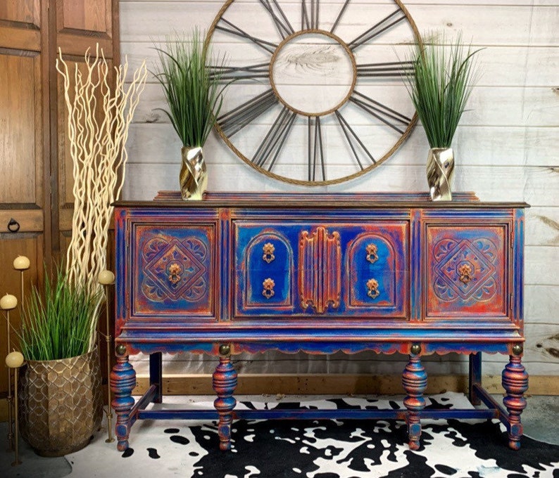 Gypsy Boho Style Furniture Eclectic Hand Painted Buffet Sideboard Etsy