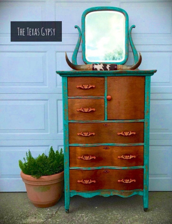 Texas Gypsy Style Boho Dresser W Mirror Rustic Patina Tall Etsy