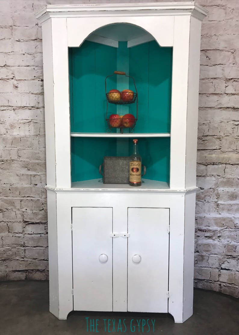 Primitive Corner Antique Cabinet White Turquoise Etsy