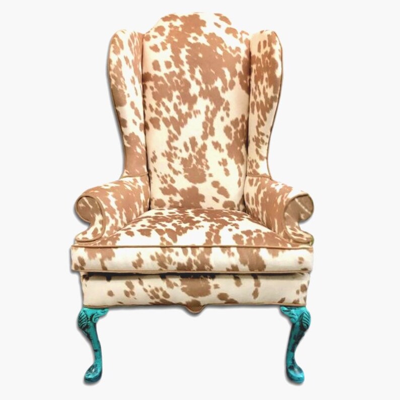 Available Boho Style Turquoise Cow Hide Accent Chair Wingback Arm