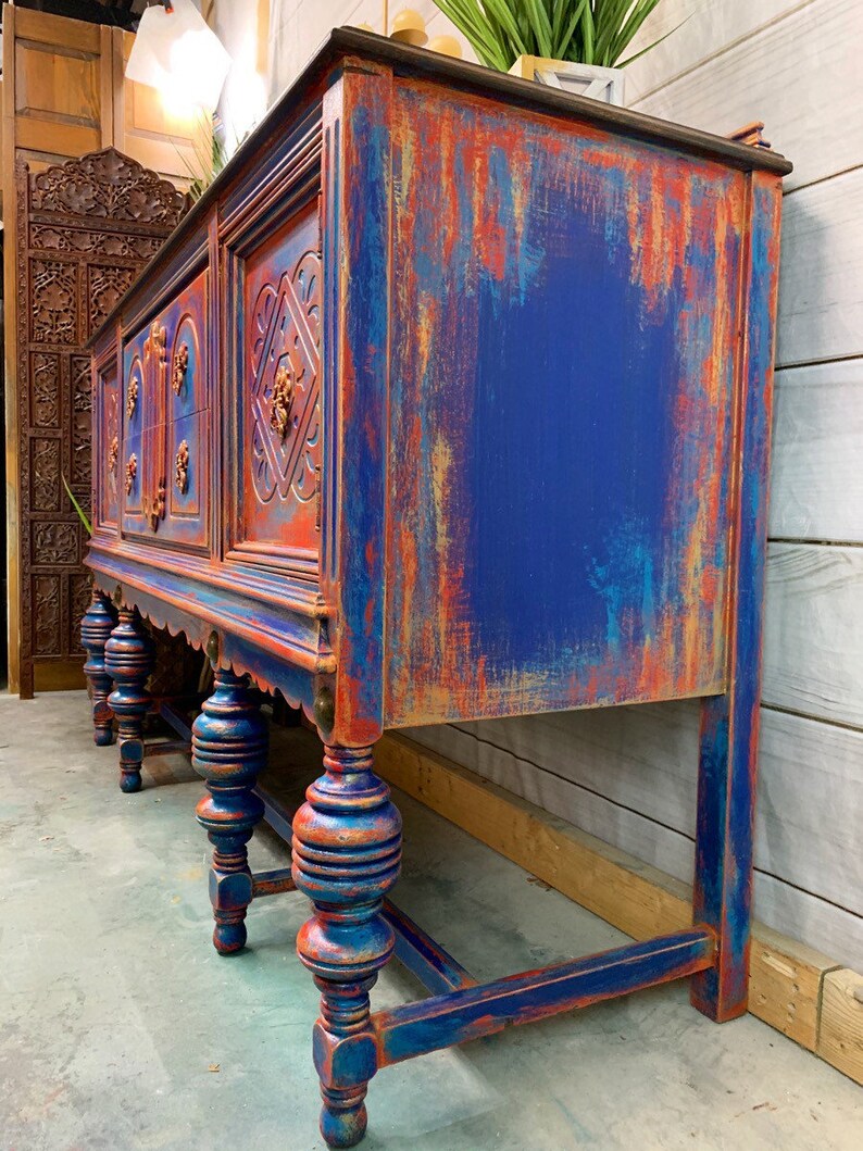 Gypsy Boho Style Furniture Eclectic Hand Painted Buffet Sideboard Etsy