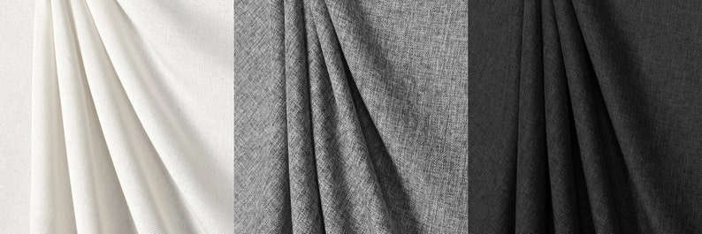 May include: Three fabric swatches in different colors: white, gray, and black. The fabric has a subtle texture.