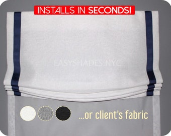 Roman Shade with ribbon trim. No tools needed, installs in 10 seconds. Sewn professionally in Palatine IL.