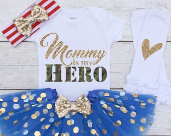 Mommy is my HERO, Girls Military Homecoming Outfit, Military Baby Outfit, Kids Deployment Shirt, Military Kids Shirt S74 MIL (RWB)