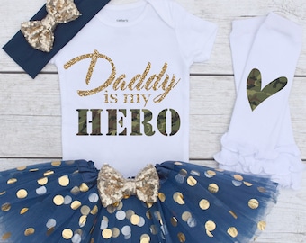 Daddy is my HERO, Girls Military Homecoming Outfit, Military Baby Outfit, Kids Deployment Shirt, Military Kids Shirt S75 MIL (NAVY)