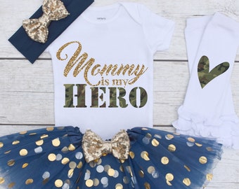 Mommy is my HERO, Girls Military Homecoming Outfit, Military Baby Outfit, Kids Deployment Shirt, Military Kids Shirt S74 MIL (NAVY)