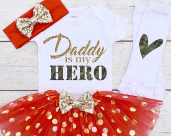 Daddy is my HERO, Girls Military Homecoming Outfit, Military Baby Outfit, Kids Deployment Shirt, Military Kids Shirt S75 MIL (RED)