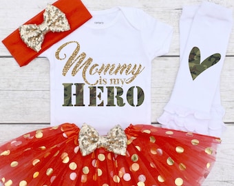 Mommy is my HERO, Girls Military Homecoming Outfit, Military Baby Outfit, Kids Deployment Shirt, Military Kids Shirt S74 MIL (RED)