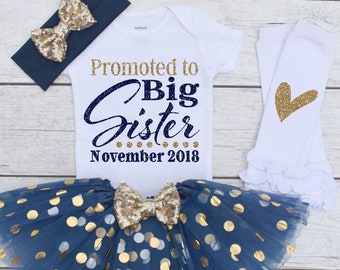Promoted to Big Sister Outfit *CUSTOM Date* Promoted to Big Sister Shirt. Big Sister Shirt. Big Sister Announcement Shirt S81 PGA (NAVY)