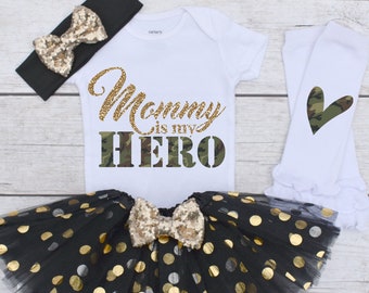 Mommy is my HERO, Girls Military Homecoming Outfit, Military Baby Outfit, Kids Deployment Shirt, Military Kids Shirt S74 MIL (BLACK)