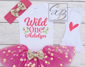 Wild One Birthday Girl Outfit, 1st Birthday Girl Outfit, Personalized 1st Birthday Outfit, Wild One Shirt, Cake Smash S146 1BD (HOTP)