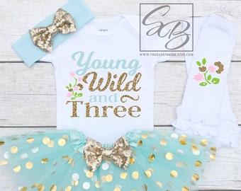 Young Wild and Three, Young Wild and 3, 3rd Birthday Girl Outfit, 3rd Birthday Outfit Girl, Young Wild and Three Shirt S148 3BD (AQUA)