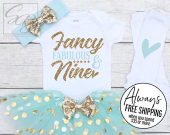 9th Birthday Outfit Girl, Fancy Fabulous and Nine, 9th Birthday Shirt Girl, 9th Birthday Girl, Girls 9th Birthday S171 9BD (AQUA)