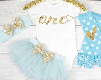 Tenue de premier anniversaire, Baby Girl 1st Birthday Oufit, 1st Birthday Girl, Cake Smash Outfit, 1st Birthday Girl, One (S9) (1BD) (AQUA)