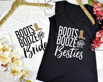 Boots Booze and Bride. Boots Booze and Besties. VNecks. Nashville Bachelorette Shirts, Austin, Memphis, Country, Tennessee S135 BPS
