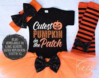 Cutest Pumpkin in the Patch, Halloween Outfit Girl, Halloween Shirt Girl, Pumpkin Patch Outfit, Baby Girls Halloween Outfit HWN (ORANGE)
