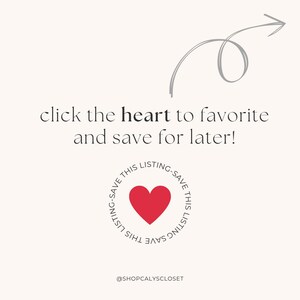 Peut inclure: Graphique beige clair avec le texte "cliquez sur le c&oelig;ur pour mettre en favori et enregistrer pour plus tard !" Un c&oelig;ur rouge est dans un cercle avec le texte "SAVE THIS LISTING" autour. Une fl&egrave;che grise pointe vers la droite. Le nom Instagram de la boutique est en bas.