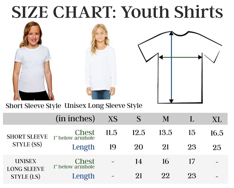 May include: A youth shirt size chart with measurements in inches. The chart includes short sleeve and long sleeve styles, with chest and length measurements for sizes XS to XL. The chart also shows images of children wearing the shirts.