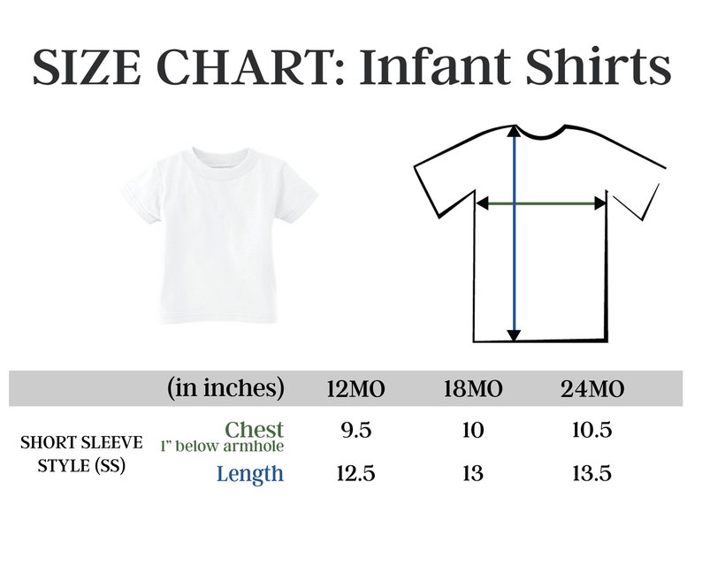 May include: Size chart for infant shirts with short sleeves. The chart shows measurements in inches for chest and length, with sizes ranging from 12 months to 24 months.