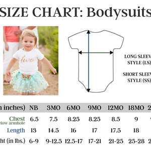 May include: Size chart for bodysuits, featuring measurements in inches for chest, length, and weight. Includes sizes from newborn to 24 months. The image also shows a baby wearing a white bodysuit with the word "two" in gold.
