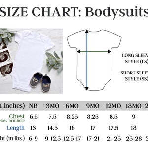 May include: Size chart for bodysuits in newborn to 24 months. The chart shows measurements in inches for chest, length, and weight in pounds.  The chart includes measurements for both short and long sleeve styles.