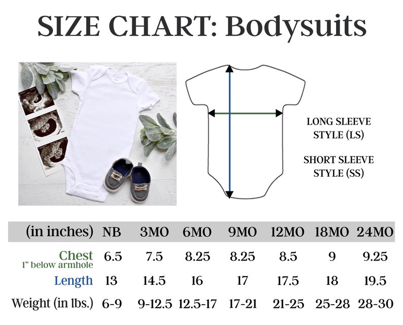 May include: Size chart for bodysuits in newborn to 24 months. The chart shows measurements in inches for chest, length, and weight in pounds.  The chart includes measurements for both short and long sleeve styles.