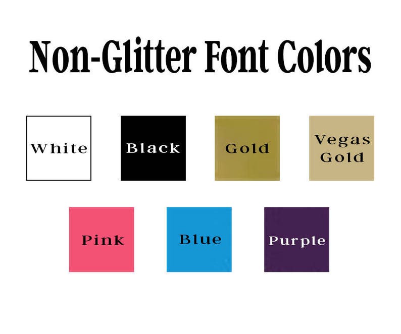 Pu&ograve; includere: Immagine che mostra una tabella dei colori dei caratteri non glitterati. La tabella include i seguenti colori: bianco, nero, oro, oro Vegas, rosa, blu e viola. Ogni colore &egrave; visualizzato in un quadrato con il nome del colore scritto al centro.