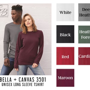 K&ouml;nnte beinhalten: Ein Mann und eine Frau pr&auml;sentieren lang&auml;rmlige T-Shirts in den Farben Dunkelgrau und Bordeauxrot. Das Bild zeigt auch Farbmuster f&uuml;r Wei&szlig;, Schwarz, Rot, Kardinalrot, Waldgr&uuml;n und Bordeauxrot. Der Text "BELLA + CANVAS 3501 UNISEX LONG SLEEVE TSHIRT" steht unten.