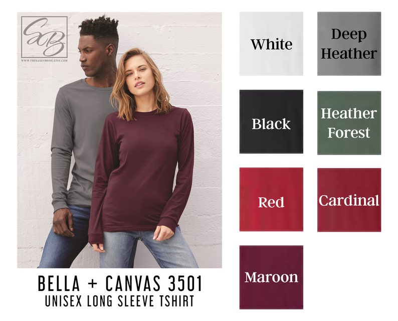 K&ouml;nnte beinhalten: Ein Mann und eine Frau pr&auml;sentieren lang&auml;rmlige T-Shirts in den Farben Dunkelgrau und Bordeauxrot. Das Bild zeigt auch Farbmuster f&uuml;r Wei&szlig;, Schwarz, Rot, Kardinalrot, Waldgr&uuml;n und Bordeauxrot. Der Text "BELLA + CANVAS 3501 UNISEX LONG SLEEVE TSHIRT" steht unten.