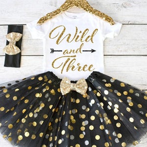 Wild and Three. CUSTOM AGE. Girls Birthday Outfit. Birthday Shirt. Birthday Tutu Outfit. Birthday Outfit Girl. 3rd birthday S3 3BD (BLACK)