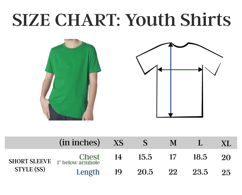 May include: Size chart for youth shirts in sizes XS to XL. The chart shows measurements in inches for chest and length, taken 1 inch below the armhole.