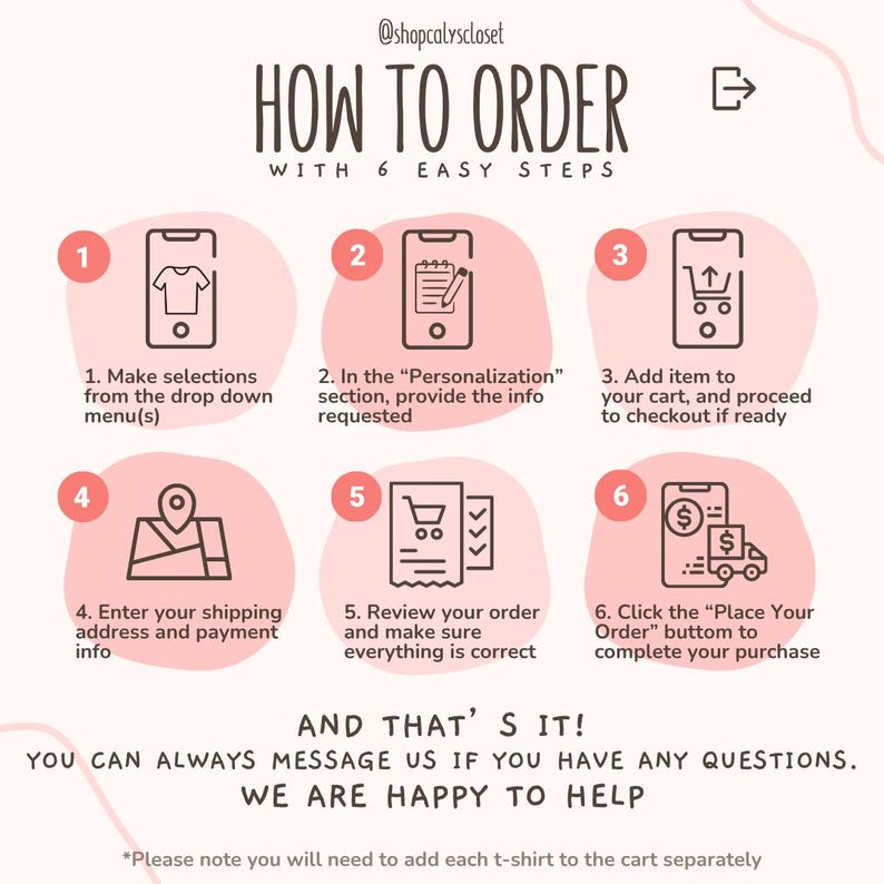 May include: A pink graphic with the text "HOW TO ORDER WITH 6 EASY STEPS." The graphic includes numbered steps with icons and instructions for ordering, such as selecting items, providing personalization details, and completing the purchase.