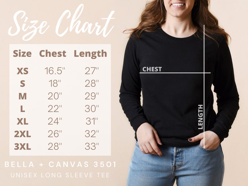 K&ouml;nnte beinhalten: Schwarzes Langarmshirt mit Gr&ouml;&szlig;entabelle. Die Tabelle zeigt Brust- und L&auml;ngenma&szlig;e in Zentimetern f&uuml;r die Gr&ouml;&szlig;en XS bis 3XL. Das Shirt ist ein Bella + Canvas 3501 Unisex-Langarmshirt.