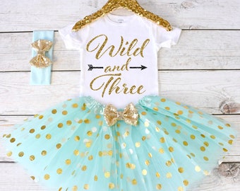 Wild and Three. CUSTOM AGE. Girls Birthday Outfit. Birthday Shirt. Birthday Tutu Outfit. Birthday Outfit Girl. 3rd birthday. S3 3BD (AQUA)